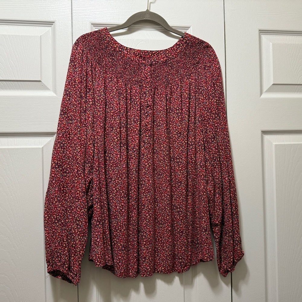 1X Women’s Plus Croft & Barrow Smock Neck Floral Blouse, Long Sleeve, EUC